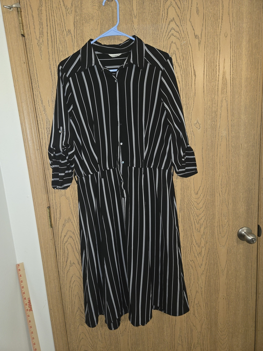 Max Studio Black and White Vertical Stripe Long Sleeve Shirt Dress